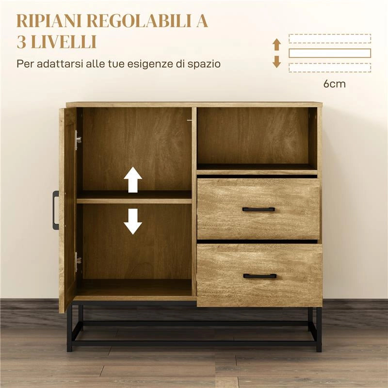 CREDENZA MODERNA CON 2 CASSETTI ARMADIETTO REGOLABILE E RIPIANO APERTO IN LEGNO E ACCIAIO 80X40X78 CM MARRONE