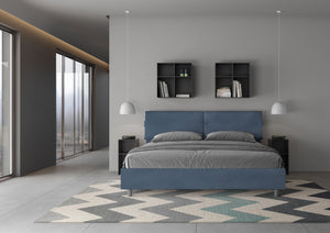 Letto Matrimoniale King Size 200x200 cm con Rete e Contenitore Testata con Cuscini Imbottito in Microfibra Mados Blu