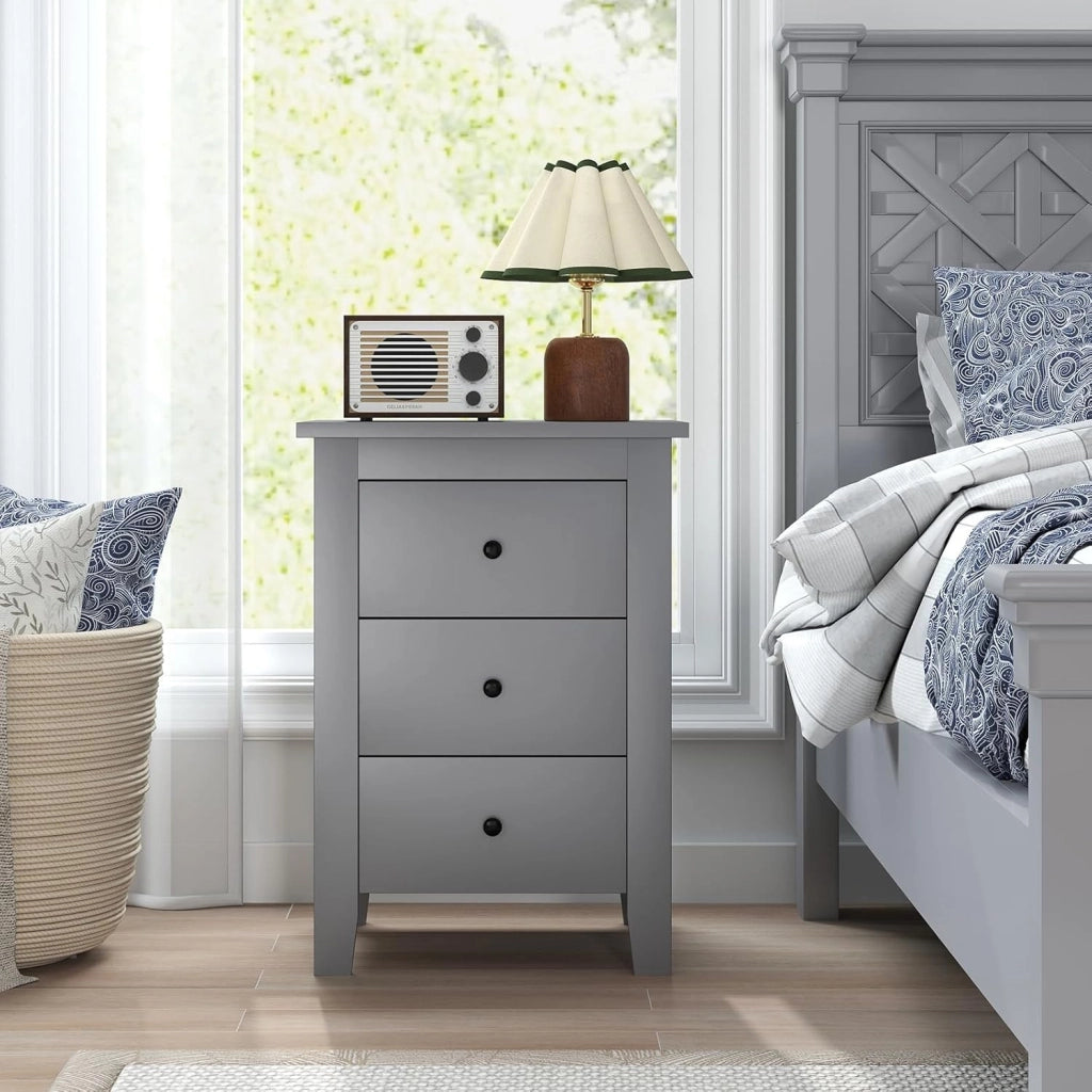 Set di 1/2 Comodino con 3 Cassetti, 46 x 37 x 65 cm, Comodino in Legno, Cassettiera di Stoccaggio con Gambe, Tavolo Ausiliare per Soggiorno, Camera da Letto (1, Grigio)
