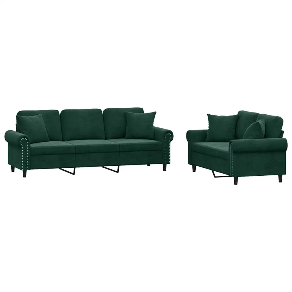 Set di Divani 2 pz con Cuscini Verde Scuro in Velluto