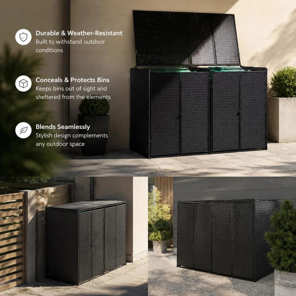 Bin Storage Unit For 2 Bins, Black, 140x80x117 Cm, Poly Rattan