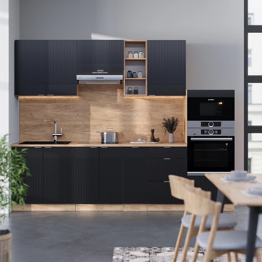 Cucina componibile Fame-Line Nero rigato/Rovere dorato 280 cm senza piano di lavoro Vicco
