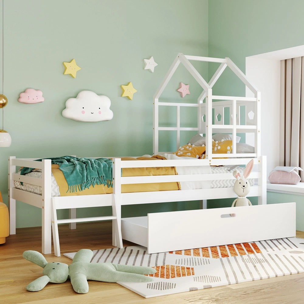 Letto a Soppalco Bambini in Legno Massello con Scala e Cassetti ¨C Xylo ¨C Bianco 90x200