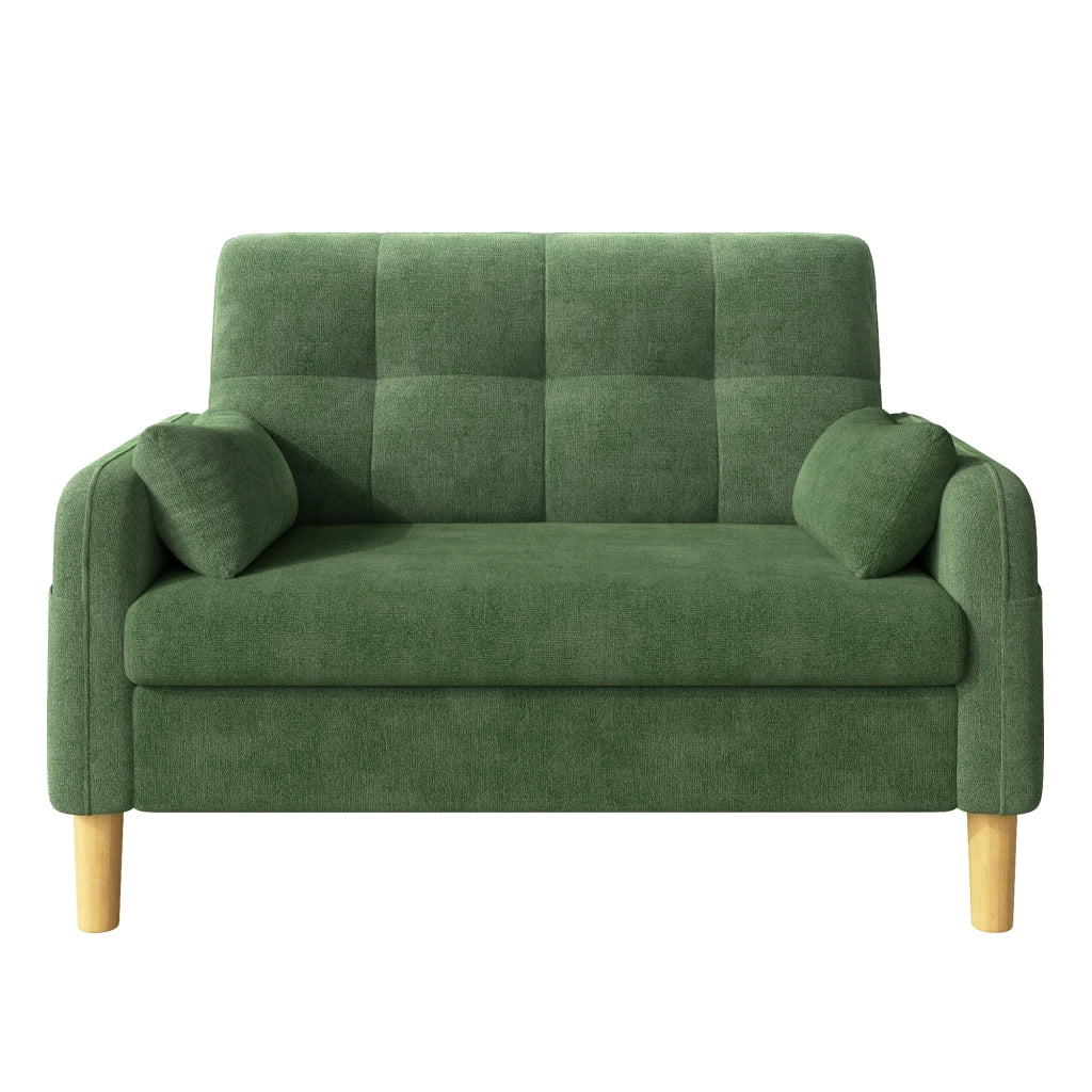 Divano 2 posti 119x78x85 cm con tasca laterale e 2 cuscini in ciniglia verde