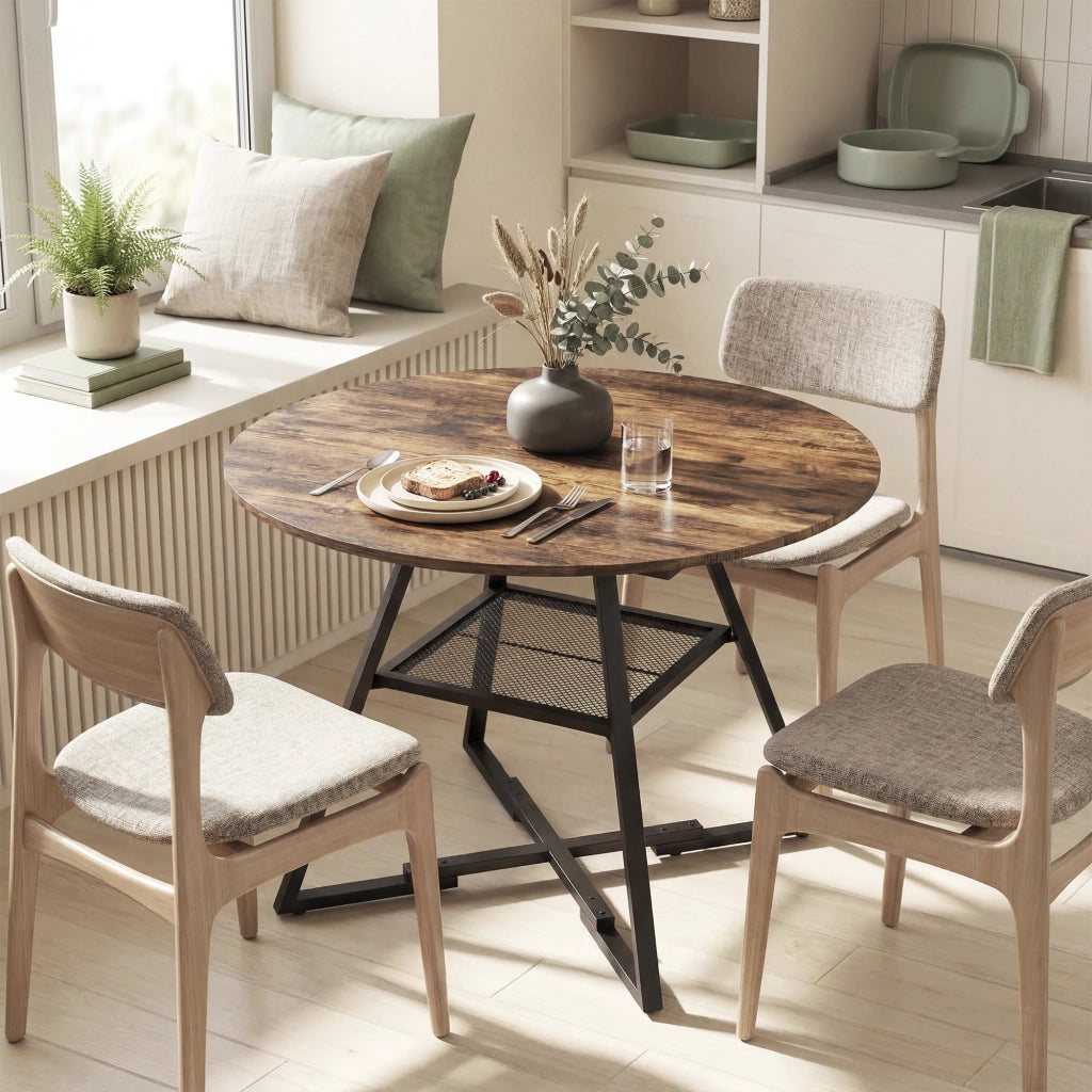 Tavolo da Pranzo 4 Posti Ø100x76 cm Stile Industriale con Ripiano in Metallo Marrone Rustico