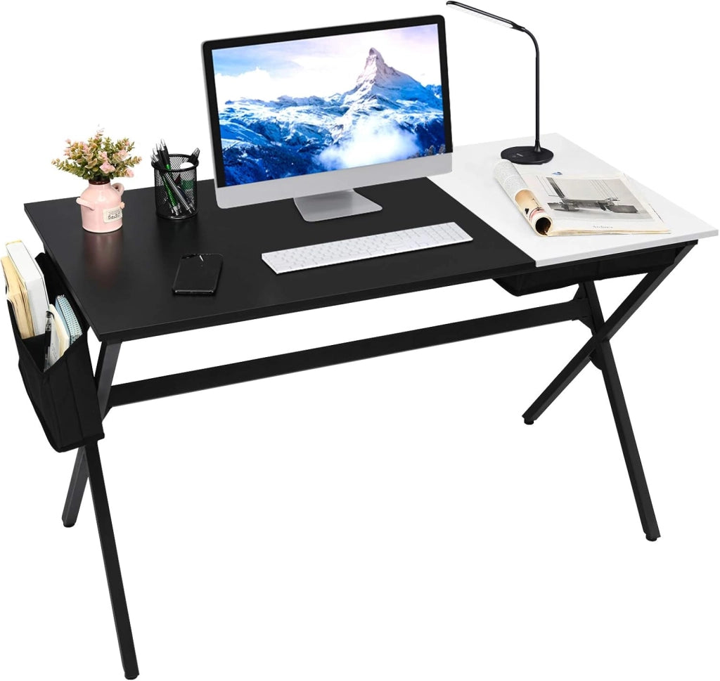 Scrivania per Computer da 120 cm, Scrivania con Cassetto e Tasca Portaoggetti Laterale, Tavolo per PC Moderno per Studio, Camera da Letto, Soggiorno e Ufficio