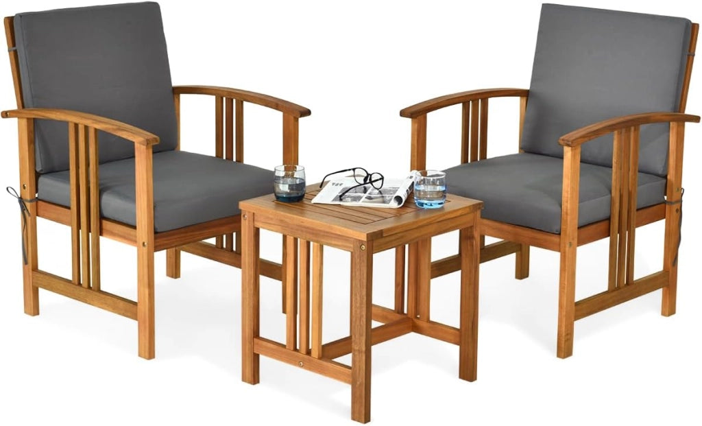 Set da giardino per 2 persone, in legno di acacia, mobili da esterno con cuscini, 1 tavolo e 2 poltrone, cuscini rimovibili, per cortile, patio, soggiorno