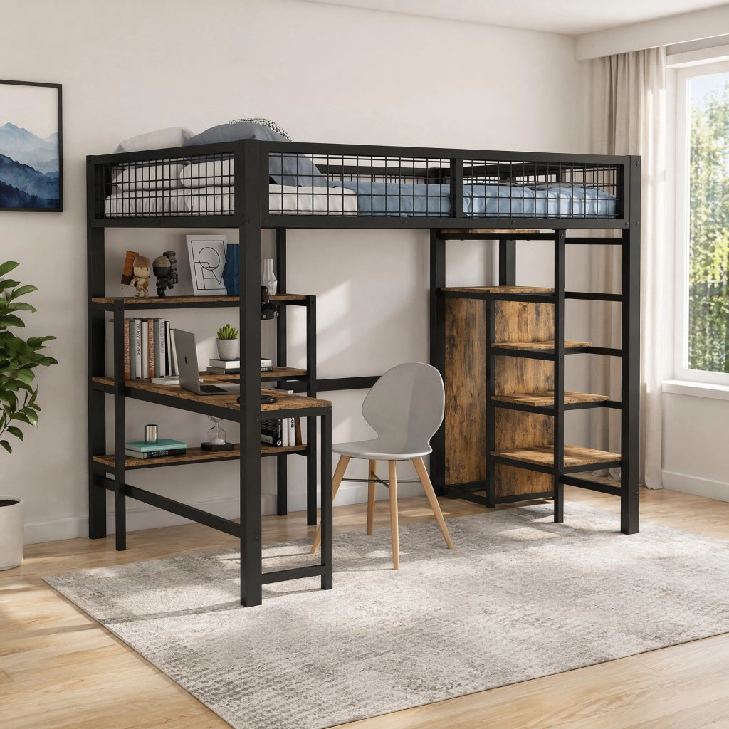 Letto a soppalco 140x200 cm con scrivania, ripiani e armadio integrati