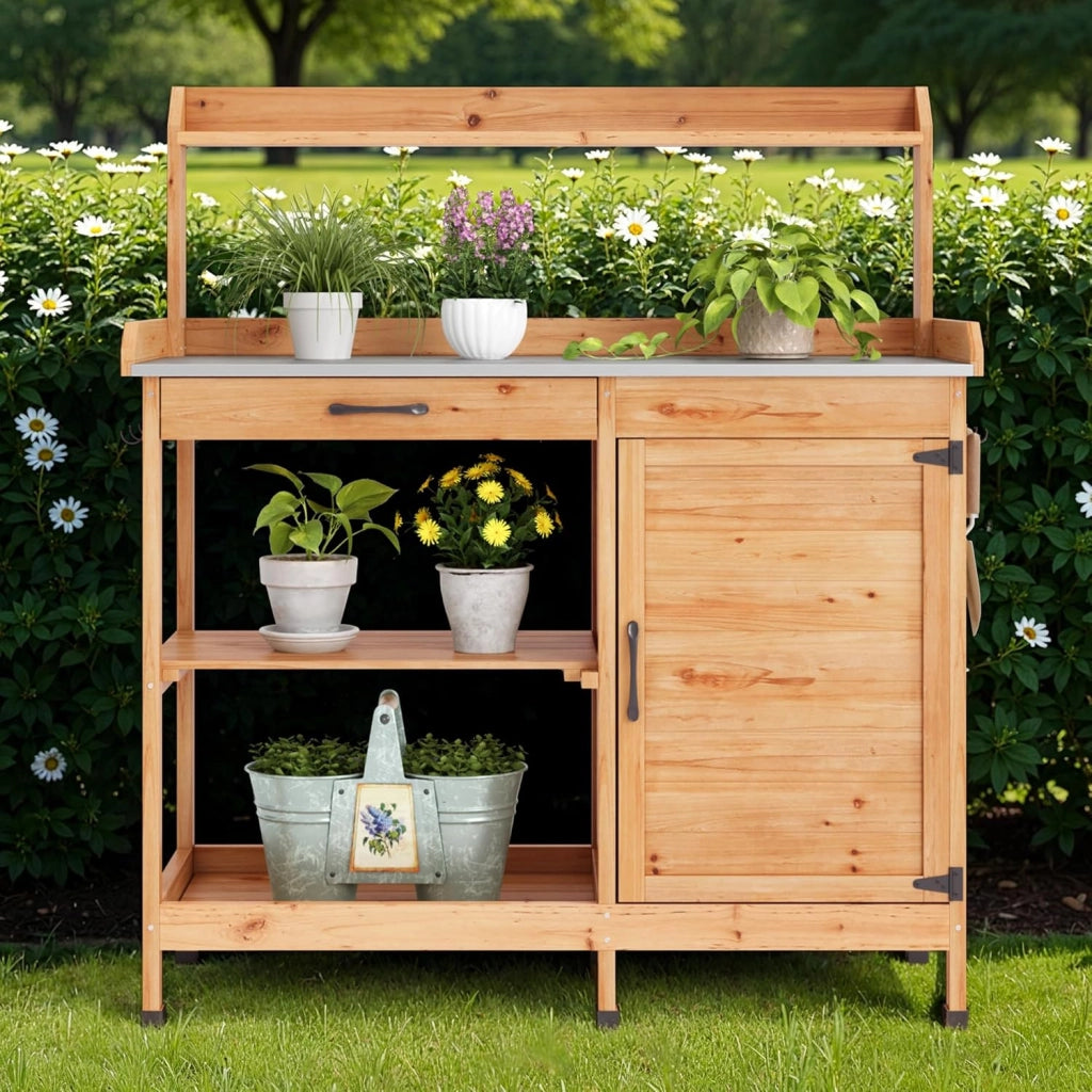 Tavolo da Giardinaggio,Tavolo per Piante,Tavolo Lavoro da Giardino in Legno Massello con Piano Lavoro, Ripiano Regolabile e Armadietto, Balcone, Terrazzo 112x46x125 cm Natural