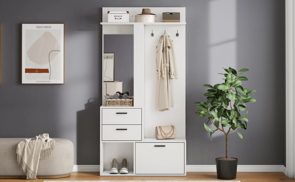 Mobile da ingresso con specchio a figura intera, 2 cassetti, scarpiera ribaltabile e 3 ganci, in MDF, bianco 90 × 30 × 180 cm