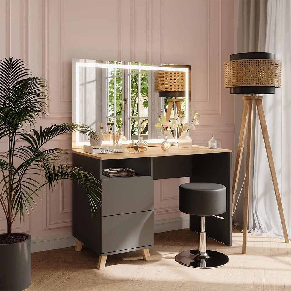 Tavolo da toeletta Karen, Antracite/Artisan, 110 cm con sgabello e specchio LED, Materiali robusti per un utilizzo duraturo
