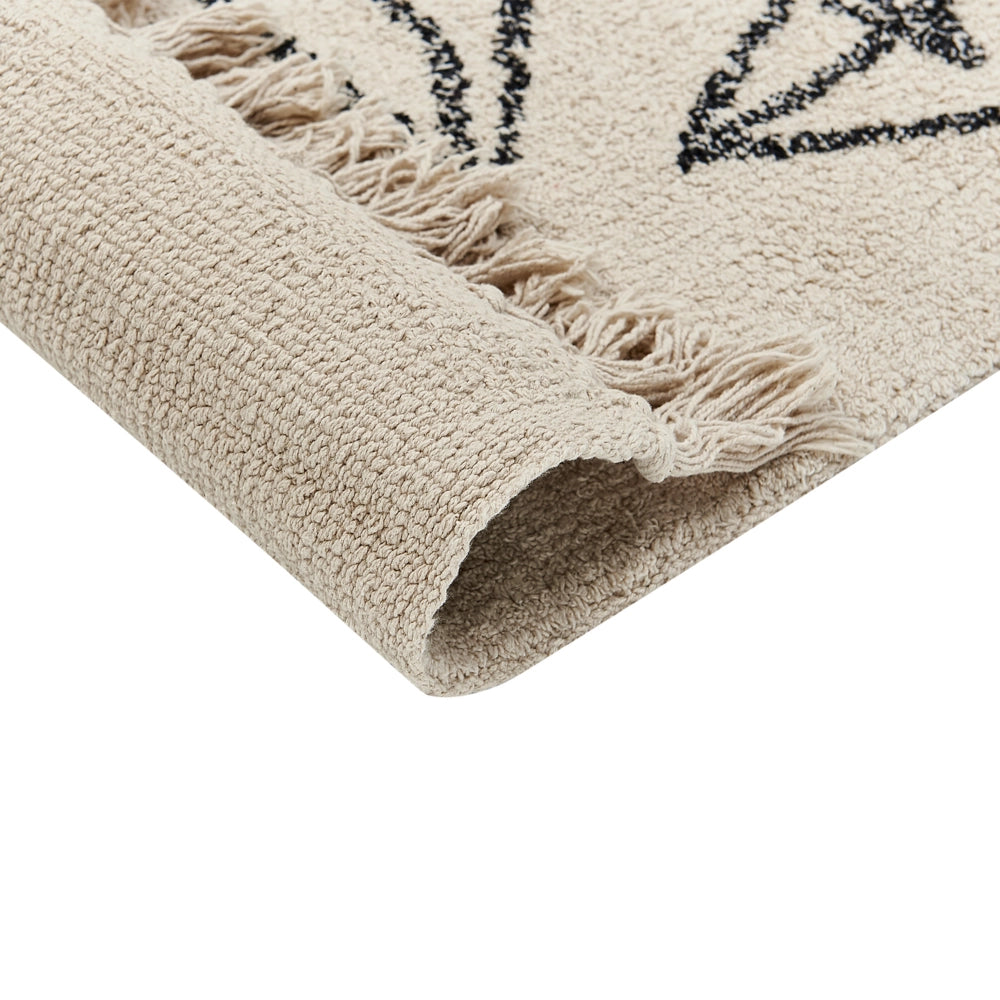 Tappeto cotone trapuntato motivo a foglie e nappe 80 x 150 cm beige e nero soggiorno camera da letto