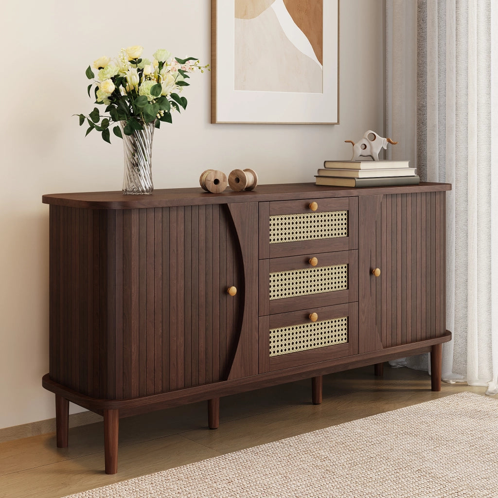 Credenza con 2 Ante Scorrevoli; 3 Cassetti in Rattan; Ripiani Regolabili e Piano Arrotondato; 140;5??40??76 cm; Naturale