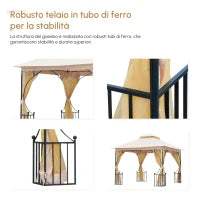 Gazebo da Giardino 3x3m in Metallo con Zanzariere e Tettuccio in Poliestere, Beige