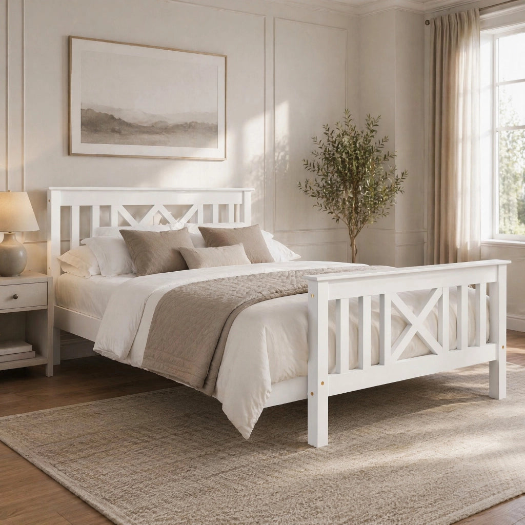 Letto singolo in legno massello bianco 90x200 cm con testiera a X e rete a doghe