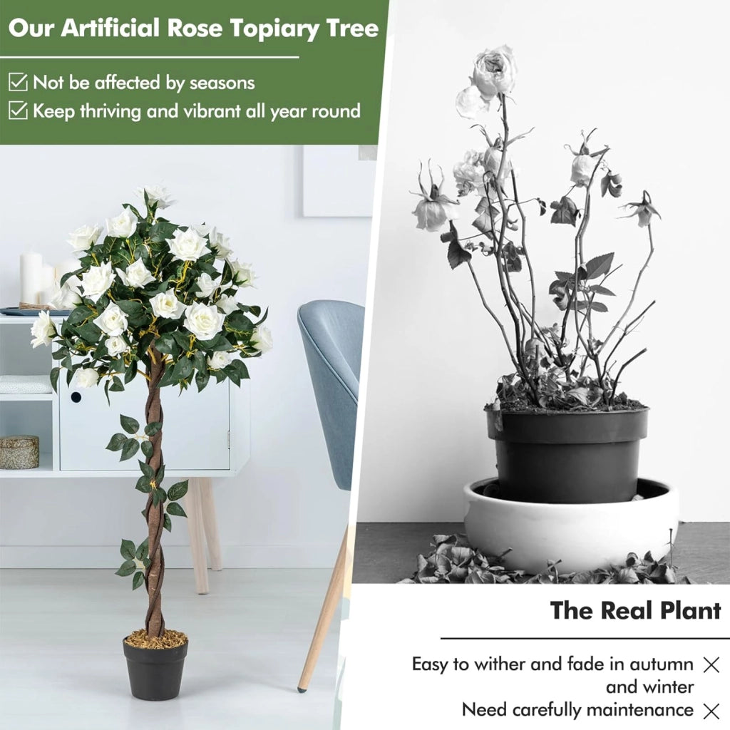 Albero di Rose Bianche Artificiali, Pianta Decorativa Sempreverde con Tronco in Legno, Liane e Muschio Realistici, Vaso in Cemento Incluso, Decorazione per Interni ed Esterni
