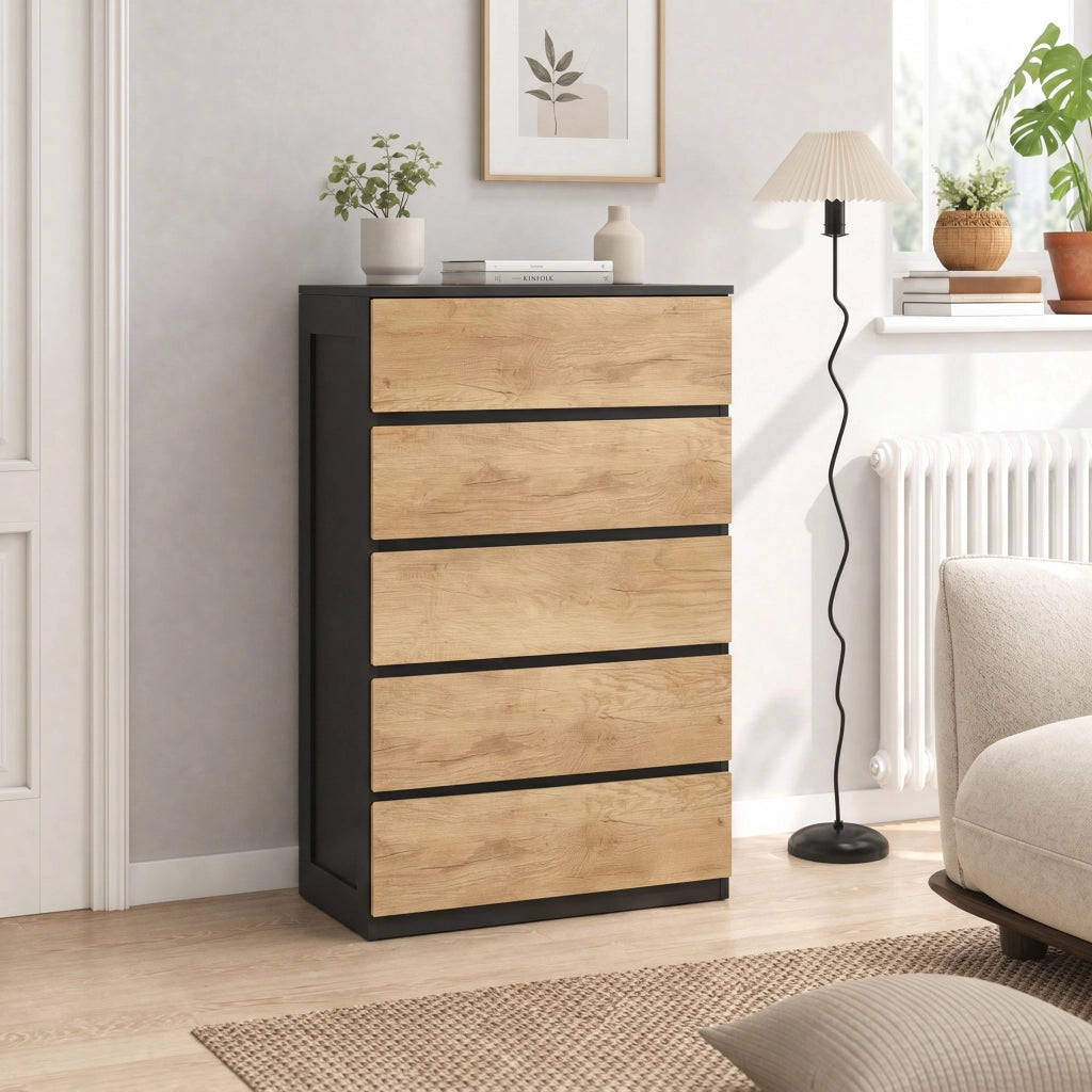 Cassettiera 5 Cassetti 60x39x100 cm con Guide in Metallo e Maniglie Scanalate in Legno Nero e Rovere