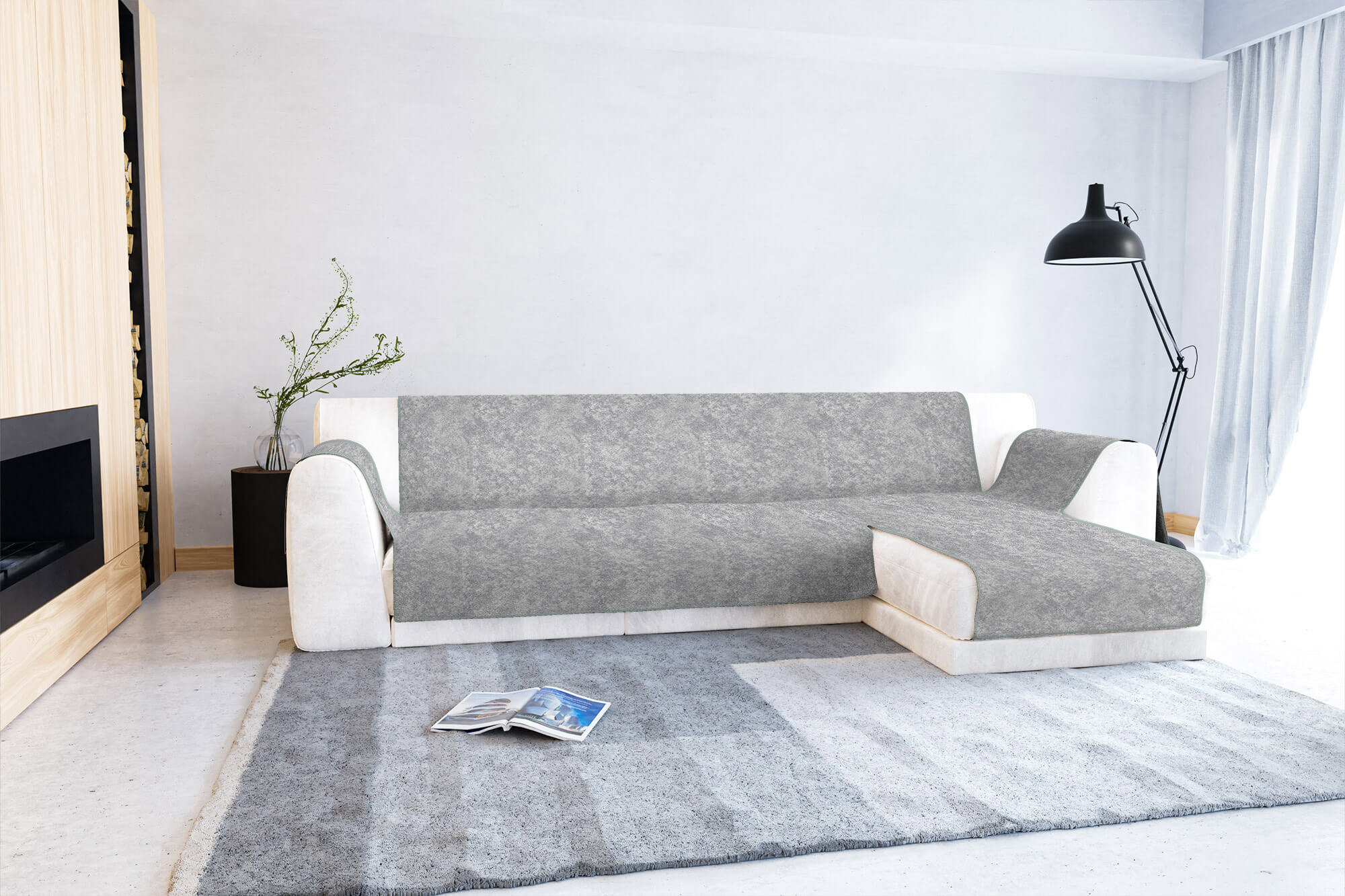 Copridivano con Penisola Destra Seduta 290 cm in Poliestere e Cotone Grigio Chiaro