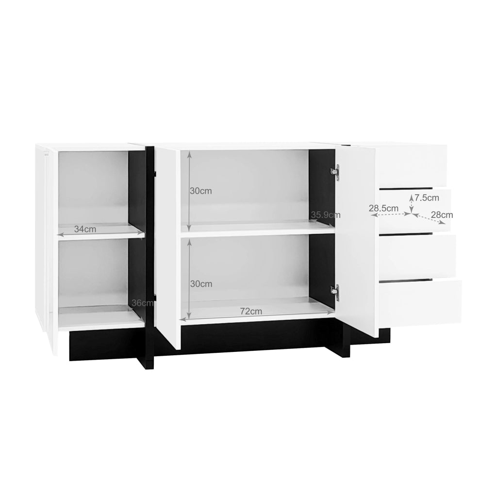 Credenza con 2 Ante e 4 Cassetti; Frontale Lucido; Stile Moderno; per Soggiorno; in MDF; 150??40??80;5 cm; Bianco Nero