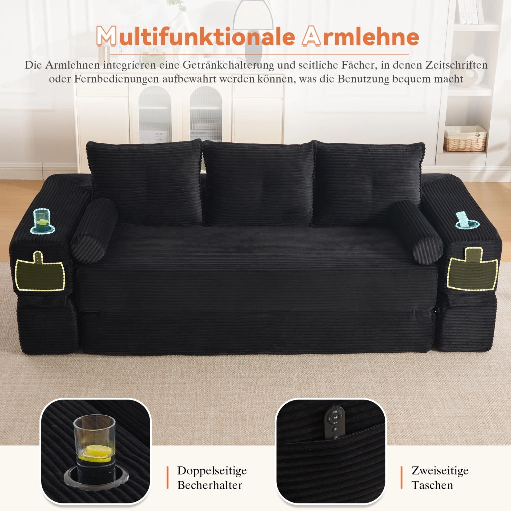 DIVANO LETTO 232x98x80 cm in tessuto a coste nero