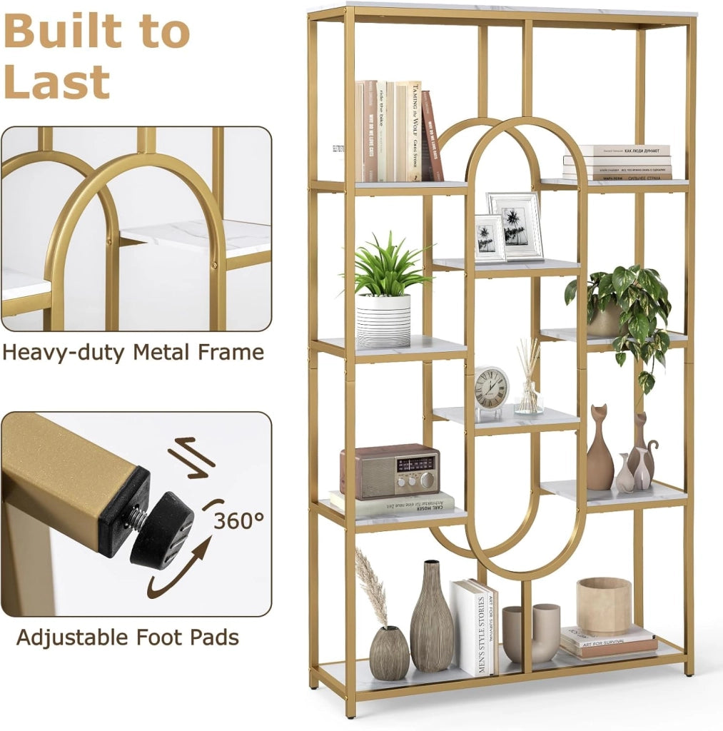 Libreria geometrica per carichi pesanti con telaio in metallo e protezione antiribaltamento, scaffale divisorio per libri, riviste e piante, 95 x 30 x 175 cm (bianco + oro)