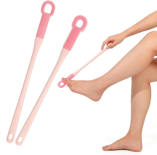 Set di due spazzole per piedi in silicone, spazzola per piedi con setole in due misure, spazzola per piedi con lunga maniglia, spazzola per piedi idromassaggio per anziani (rosa 2.0)