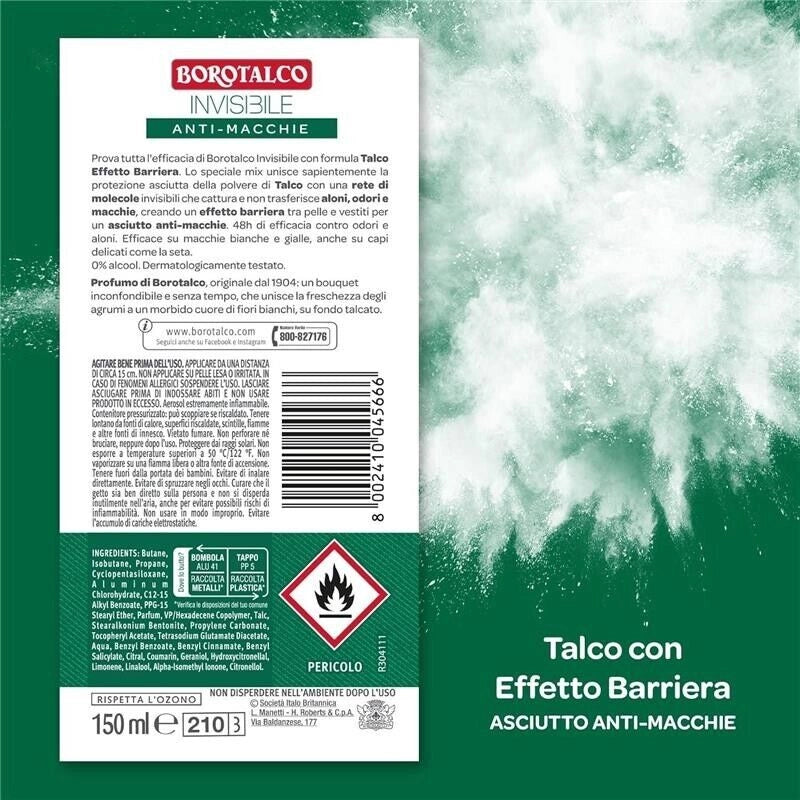 BOROTALCO DEODORANTE SPRAY INVISIBILE VERDE NO ALCOOL CON TALCO EFFETTO BARRIERA 48H 150 ML