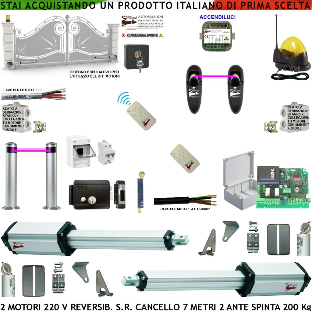 Kit Automazione Cancello da 7 Metri 2 Ante 3,5 MT Motori Elettromeccanici Reversibili 230 V Centrale 2 Fotoc. 2 Radiocomandi Salvavita FaroAntenna Serratura Selettore Accendiluci Scatole Fusibili Cavi