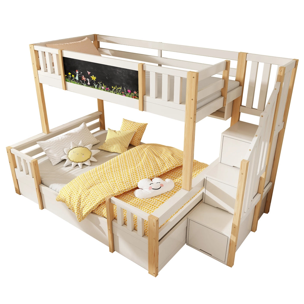 OKWISH Letto a Castello 90×200 cm e 140×200 cm, Letto 3 Posti con Armadio Scala, 2 Cassetti e Lavagna, senza Materasso, Bianco Naturale