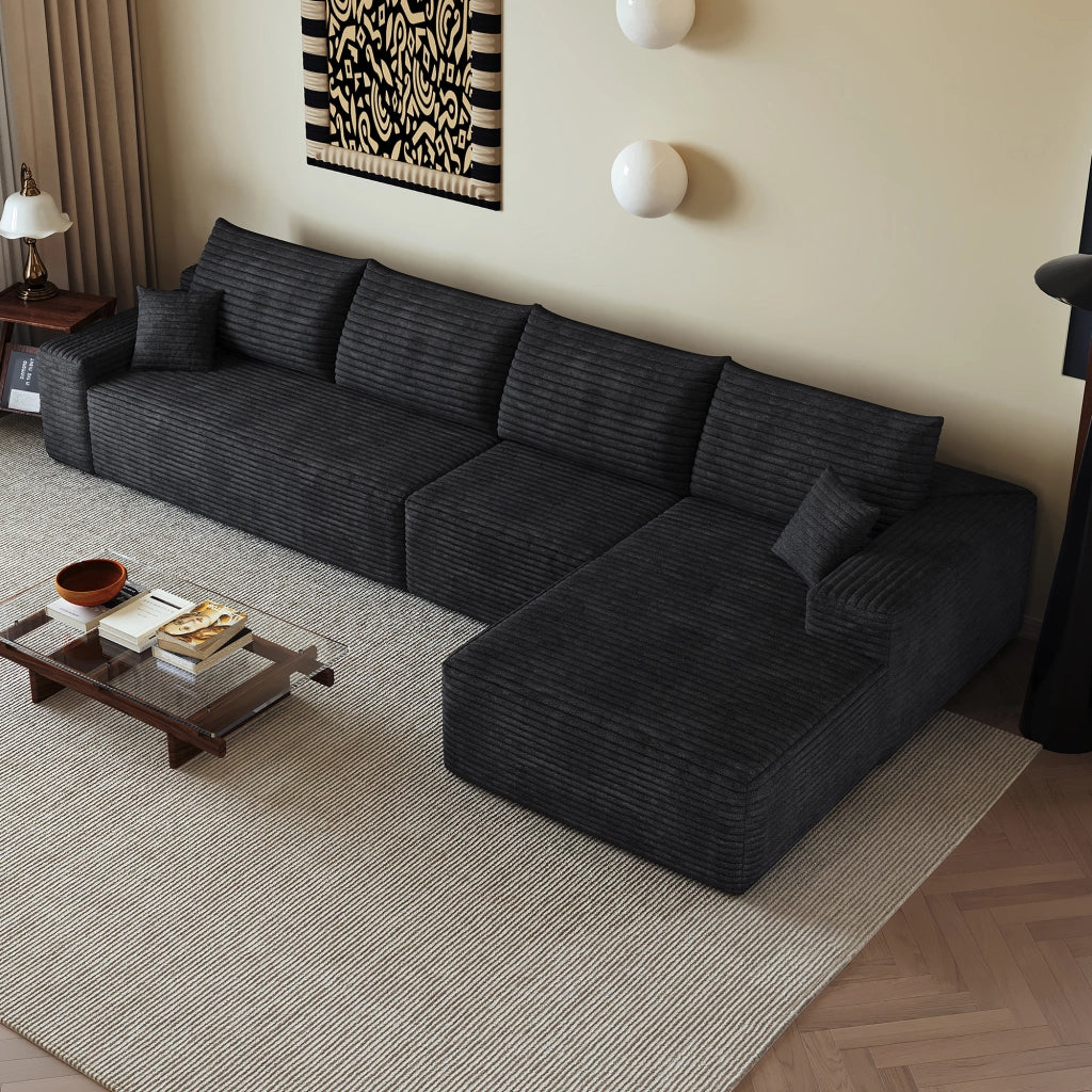 Divano angolare modulare con chaise longue e assise profonda in tessuto a coste nero senza montaggio per soggiorno