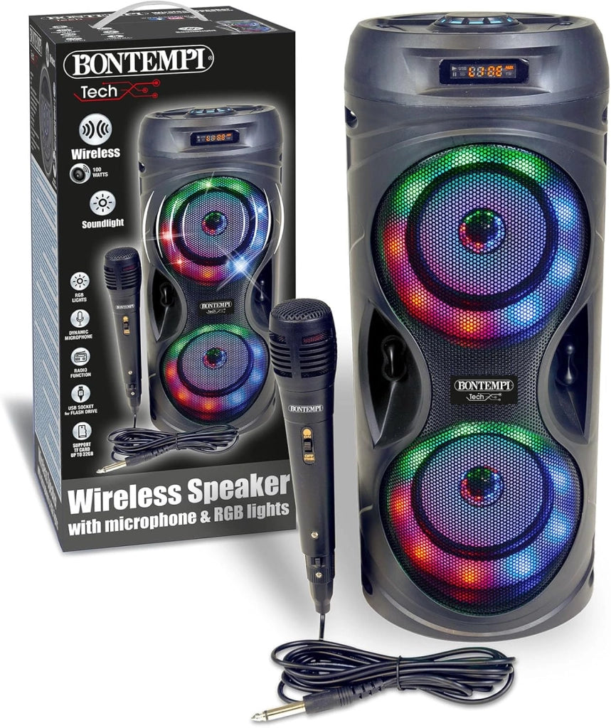 SonicSync - Amplificatore Wireless Karaoke con Microfono Dinamico, Effetti Luminosi, Regolatore Alti e Bassi, TWS ed Eff