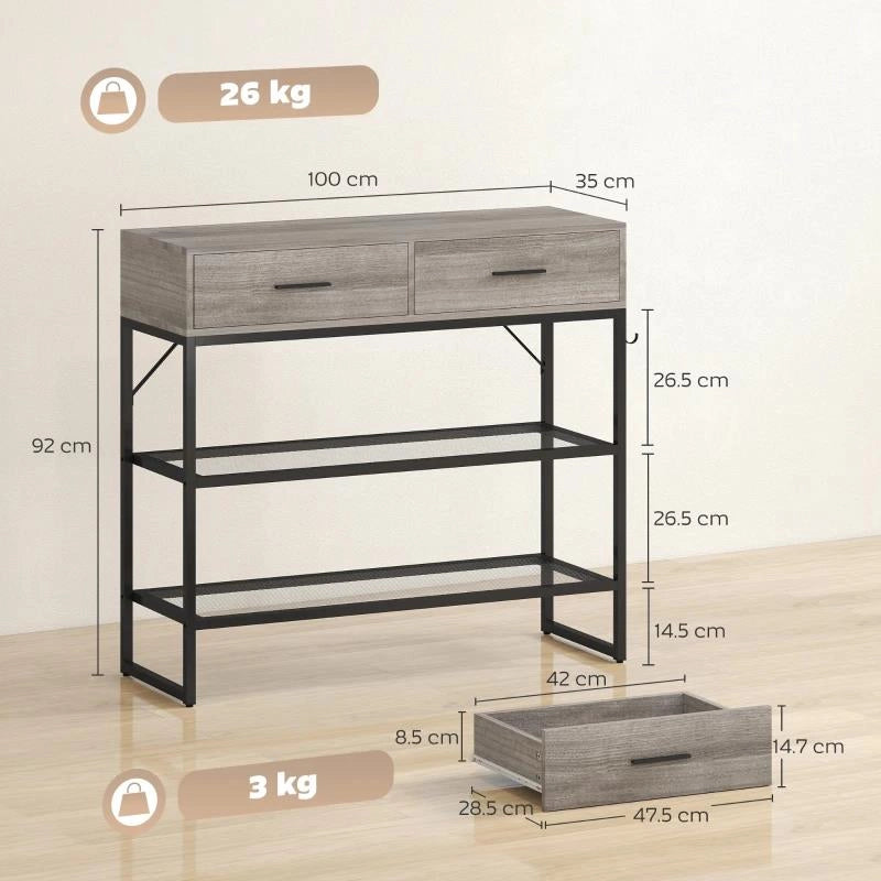 CONSOLLE DA INGRESSO CON 2 CASSETTI, 2 RIPIANI E GANCIO LATERALE, IN LEGNO E METALLO, 100X35X92 CM, NERO E LEGNO