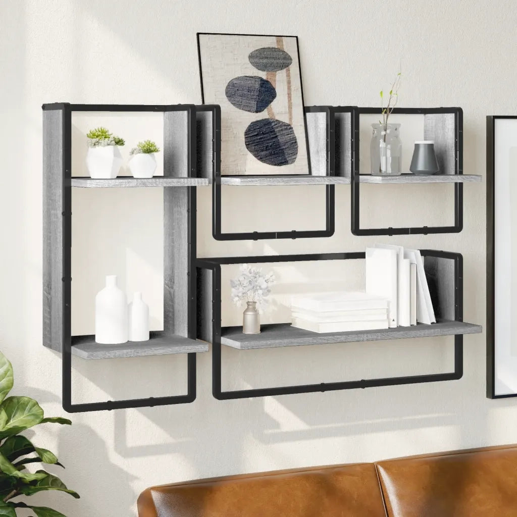 4 pz Set Mensole Parete | Mensola sospesa con Aste Grigio Sonoma Legno Multistrato