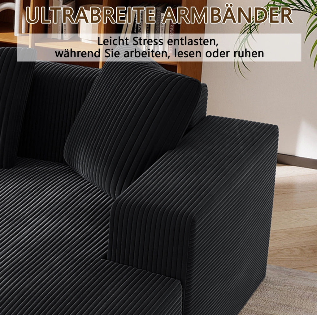 Divano modulare a L con chaise longue 261x146x65 cm in velluto a coste nero con 4 cuscini