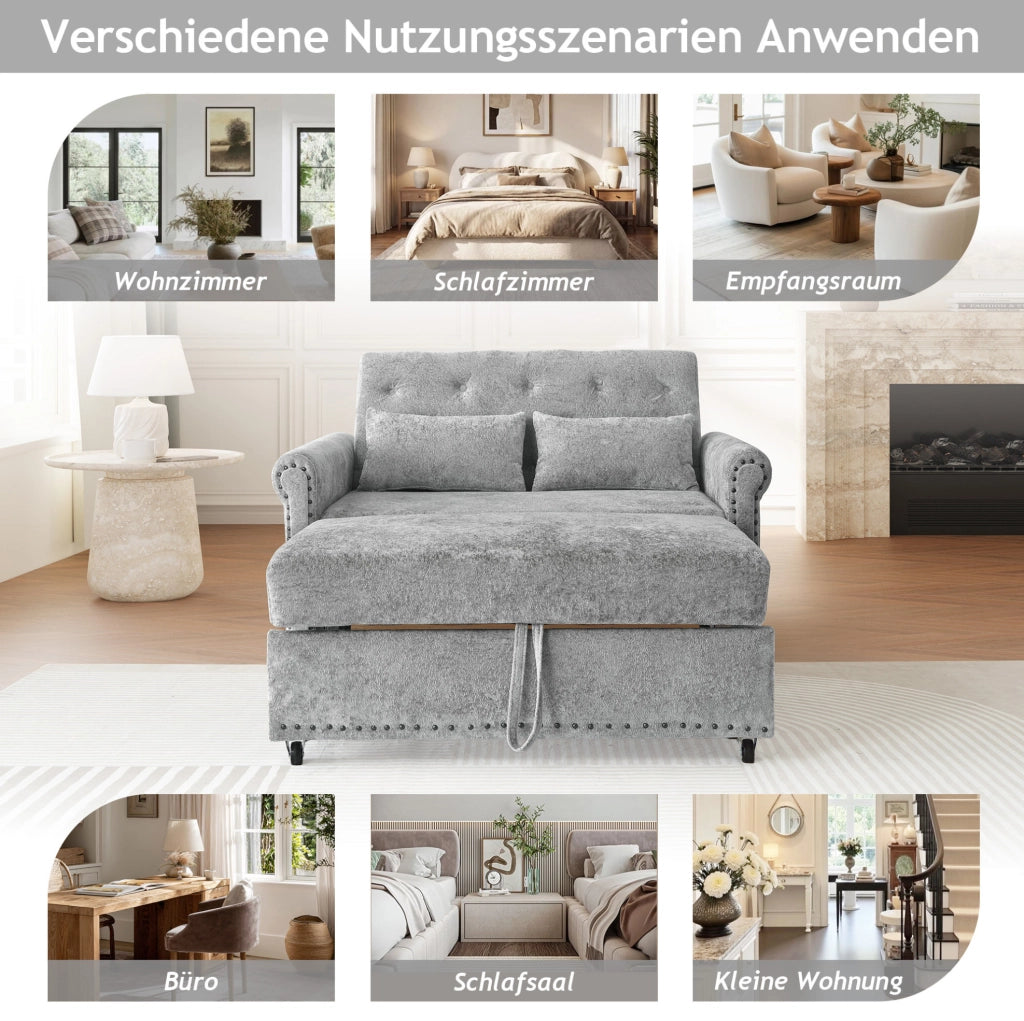 Divano letto 3 in 1 2 posti con schienale reclinabile a 3 posizioni; grigio in chenille