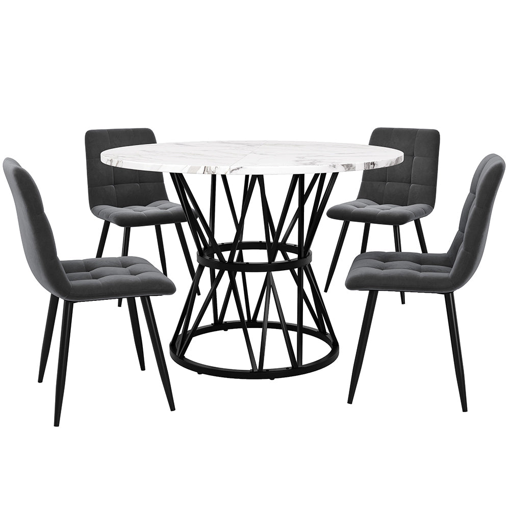 Set tavolo-Xylo-100cm rotondo 4 sedie grigio piedi neri piano marmorizzato