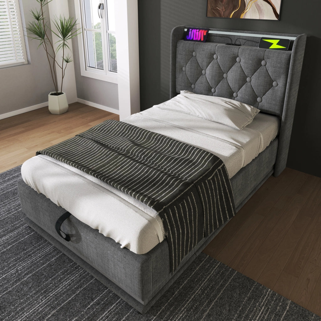Letto singolo contenitore LED 90x200 cm grigio con USB-C
