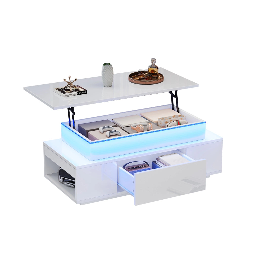 Tavolino da salotto alzabile con 1 Cassetto; vano nascosto e LED; per Soggiorno; in truciolato; Bianco