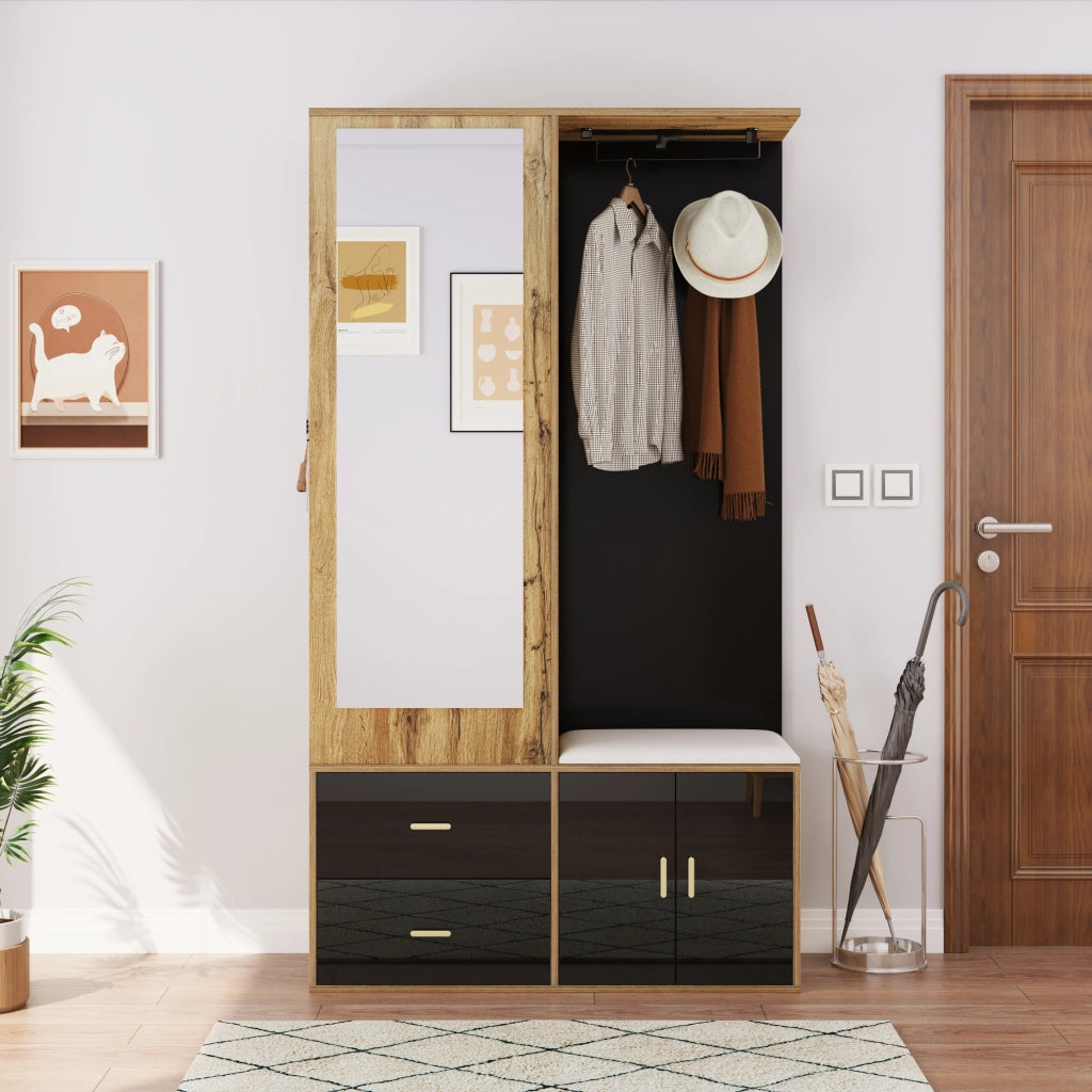 Mobile Ingresso con Specchio; Panca Scarpiera; 2 Ganci; Appendiabiti Estraibile; Lucido; Nero e Naturale; 100??38??180 cm