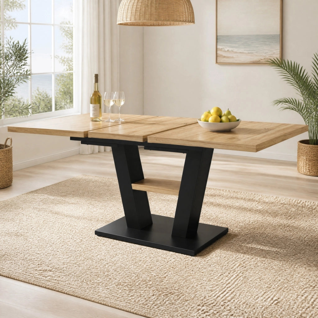 Tavolo allungabile da pranzo in MDF e metallo nero e naturale con piano estendibile 118-157 × 70 × 75 cm