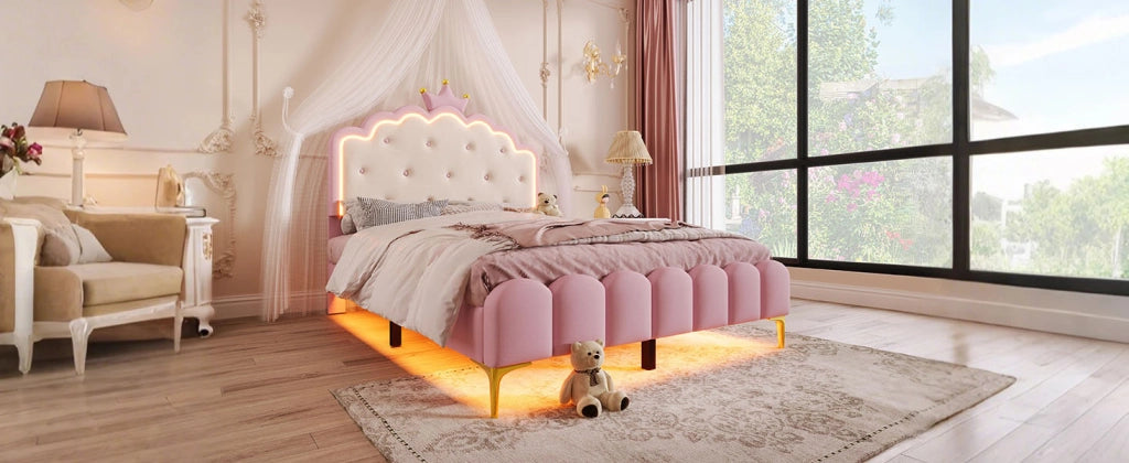 DESMIU Letto adulto 140 × 200 cm 2 posti con LED, senza materasso, in PU, rosa