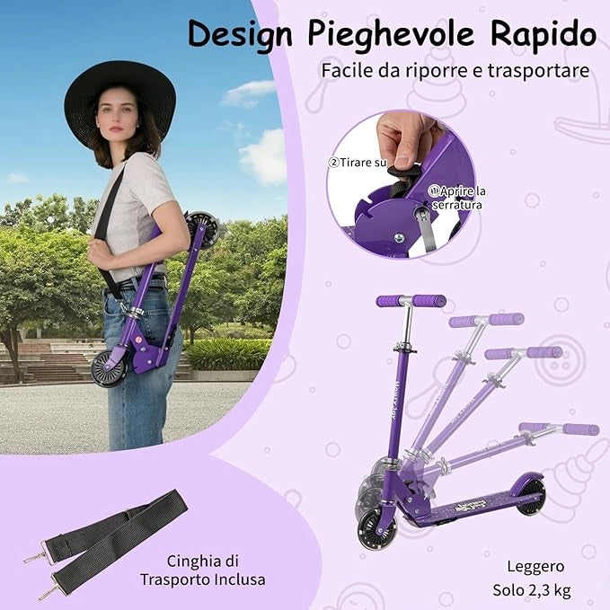 Monopattino per Bambini Pieghevole e Portatile, Monopattino a 2 Ruote con Manubrio Regolabile, Ruote Luminose a LED, Freno Posteriore e Tracolla, Ideale per Bambini e Bambine 3+