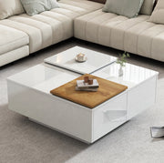 Tavolino da salotto quadrato 75x75x33;5 cm bianco lucido in pannello truciolare con 4 cassetti