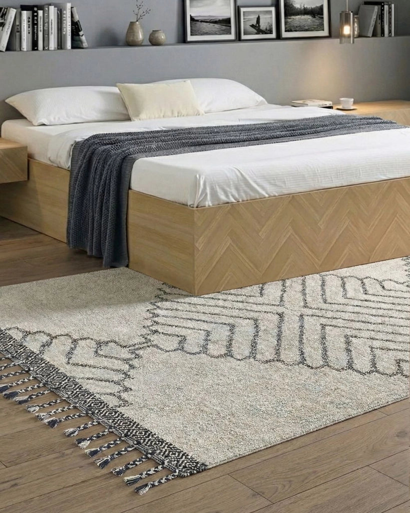 Tappeto in cotone con nappe di colore bianco e nero 140 x 200 cm soggiorno camera da letto