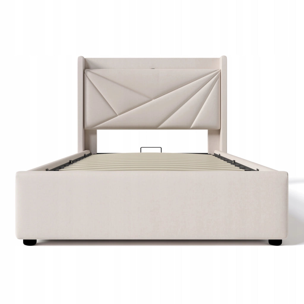 Letto singolo con materasso - Xylo - 90x200 - Lino - Schienale imbottito, USB-C