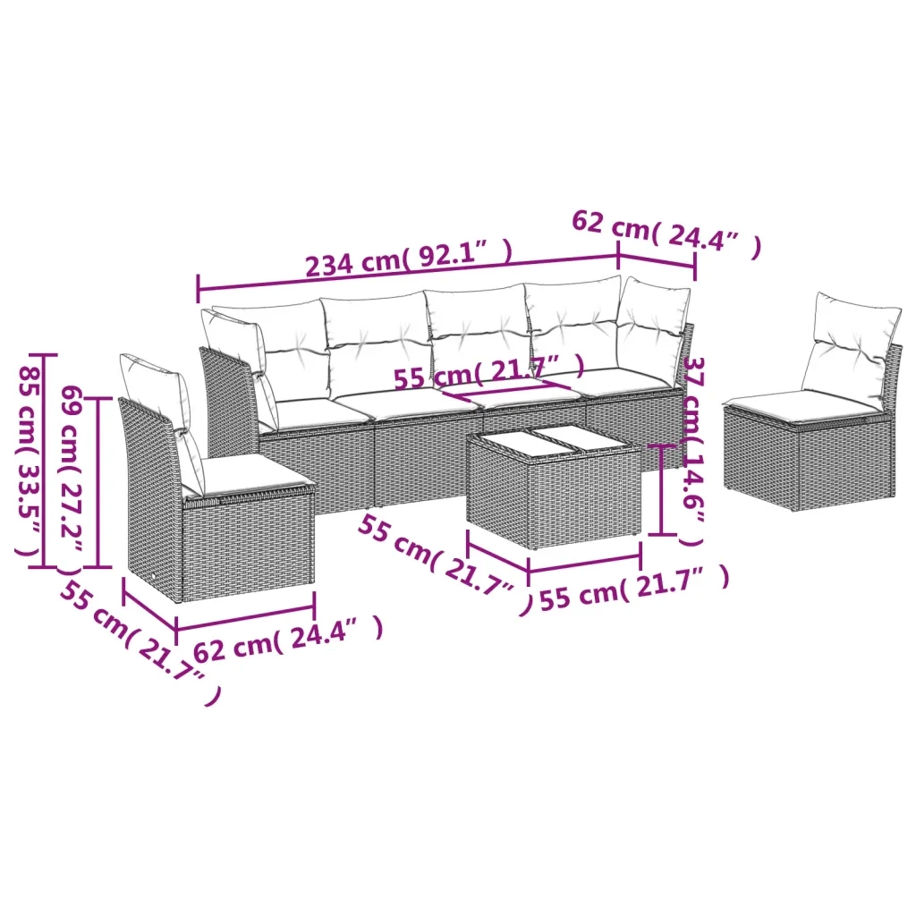 Set Divani da Giardino 7pz con Cuscini Grigio Chiaro Polyrattan