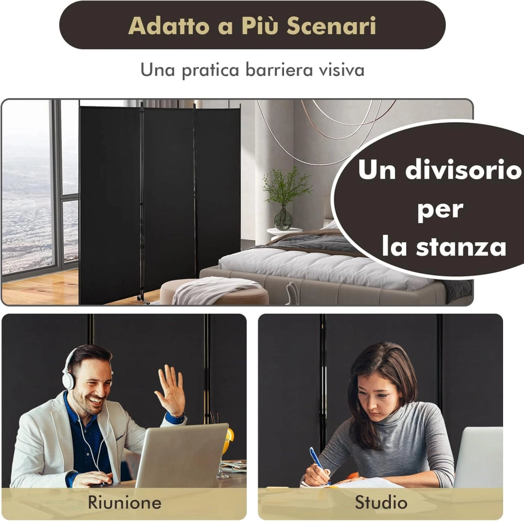 Paravento da Interno in Metallo, Separé Divisorio Interno Pieghevole con Piedini Stabili, Pannelli Divisori per Interni per Casa e Ufficio (Nero, 262 x 180 cm (3 Pannelli con ruote))