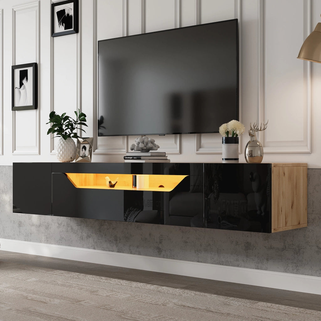Mobile TV sospeso 180 cm con LED, 3 vani e frontale lucido nero/legno