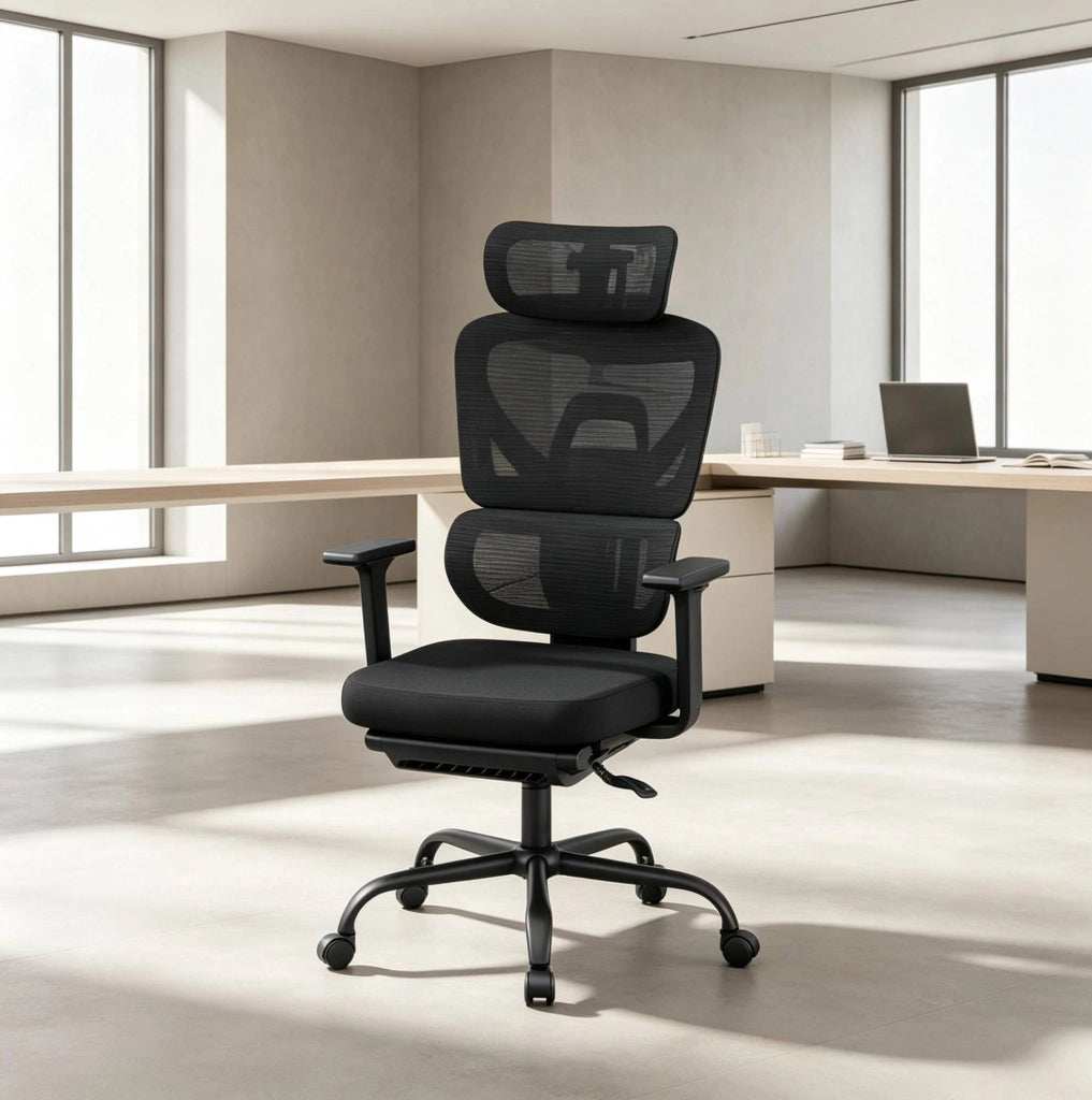 Sedia da ufficio ergonomica nera con poggiapiedi regolabile
