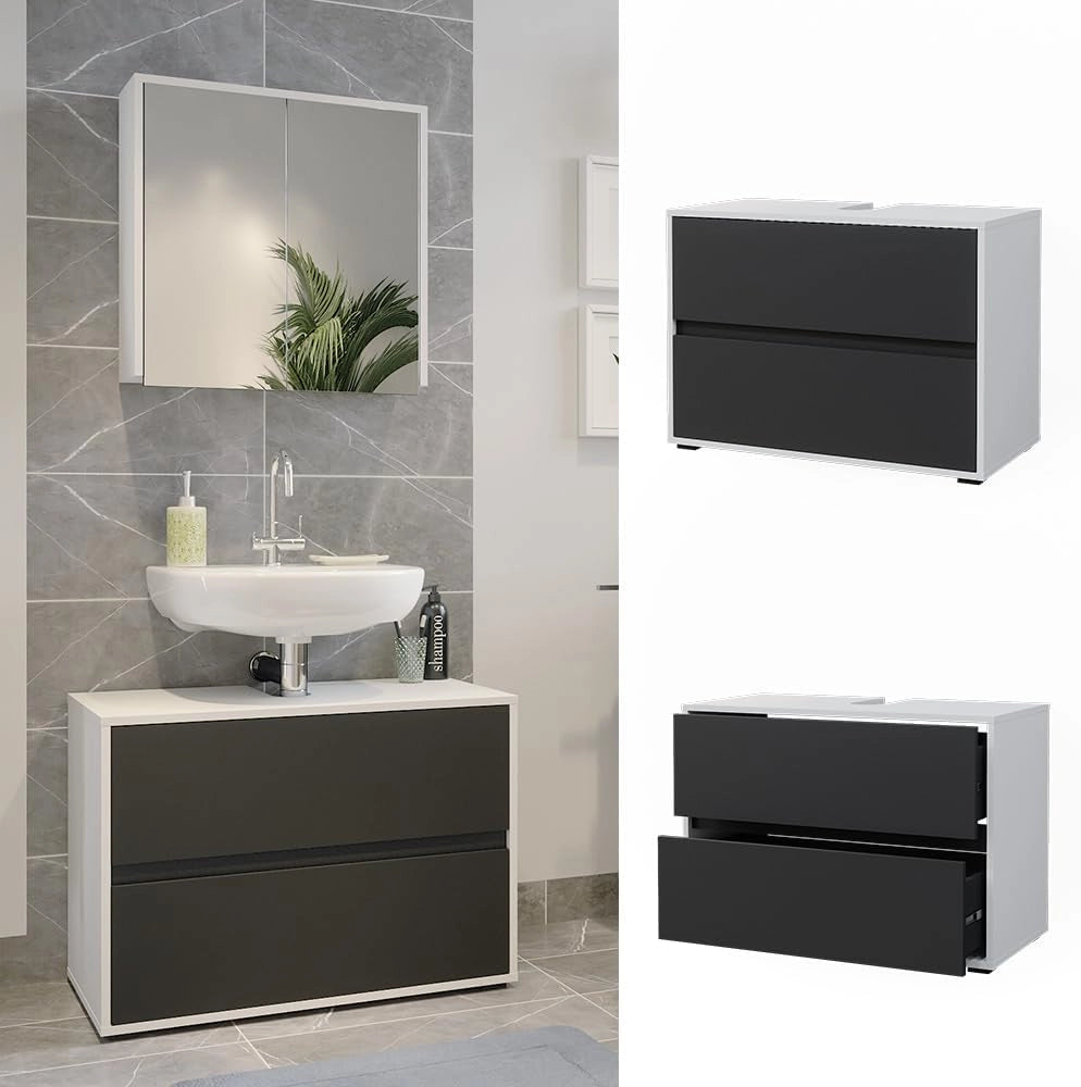Mobile sottolavabo per bagno Maltin, Bianco/antracite, 80.2 x 58.2 cm con due ampi cassetti, con ritaglio per sifone e soluzione salvaspazio per il bagno